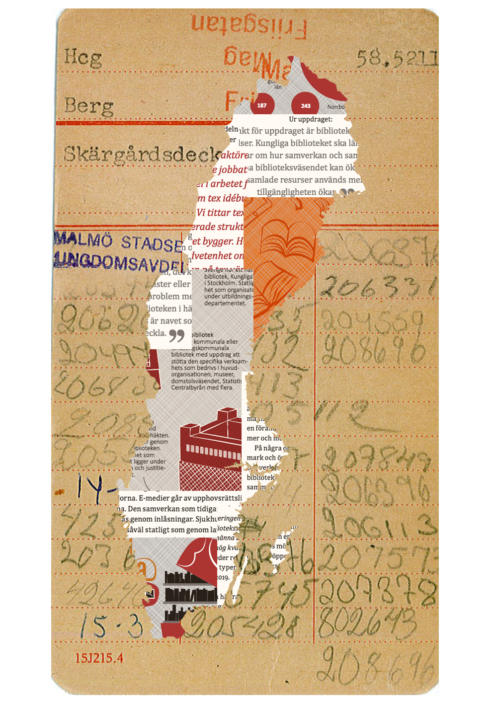 En Sverigekarta på ett bibliotekskort