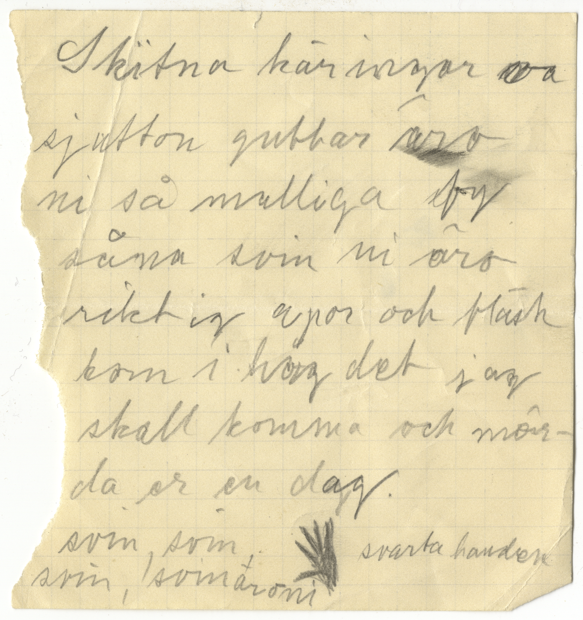 Foto av en papperslapp med skriven text: Skitna käringar och sjutton gubbar äro ni så malliga fy såna svin ni äro riktig apor och fläsk kom ihåg det jag skall komma och mörda er en dag. Svin svin svin svin äro ni. Svarta handen