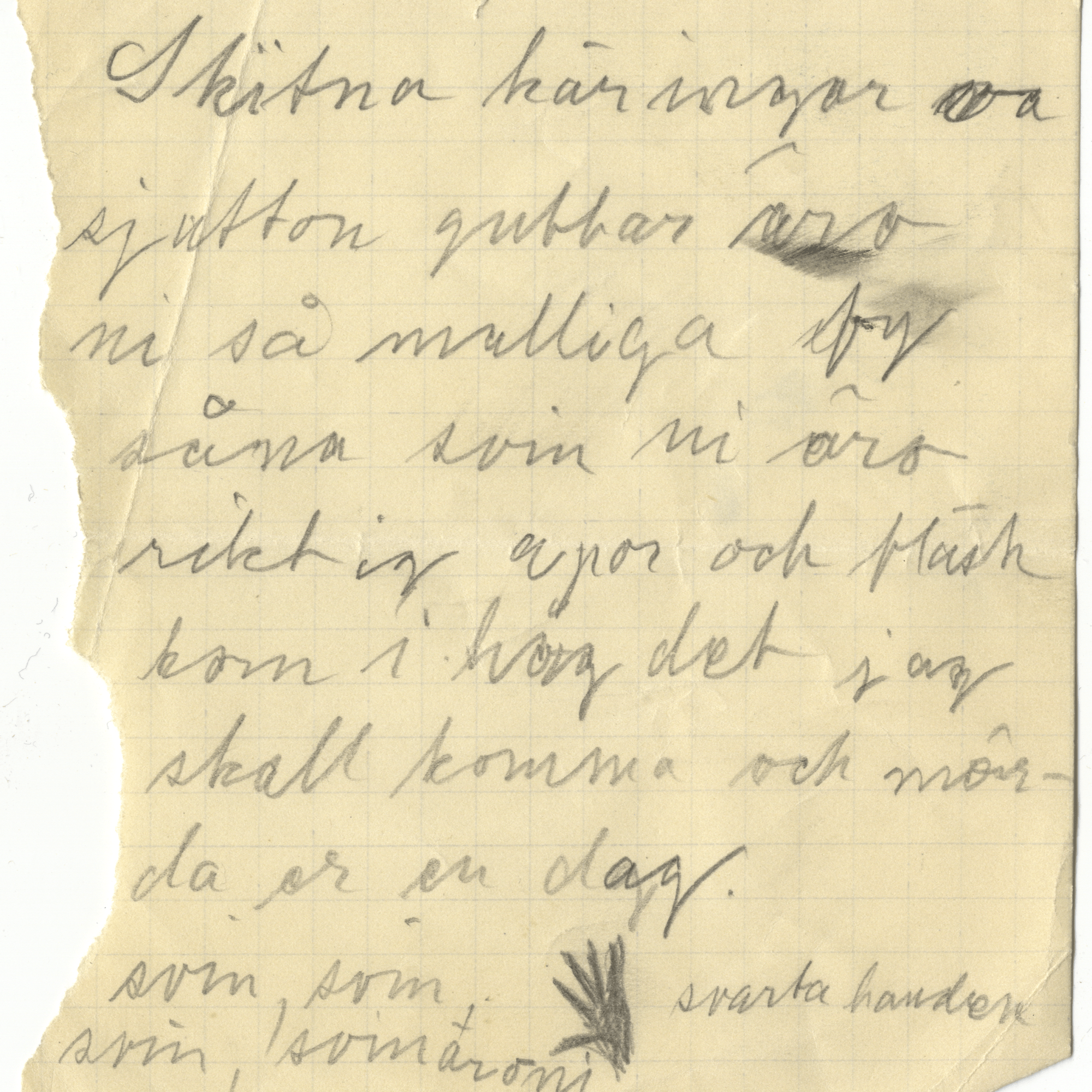 Foto av en papperslapp med skriven text: Skitna käringar och sjutton gubbar äro ni så malliga fy såna svin ni äro riktig apor och fläsk kom ihåg det jag skall komma och mörda er en dag. Svin svin svin svin äro ni. Svarta handen