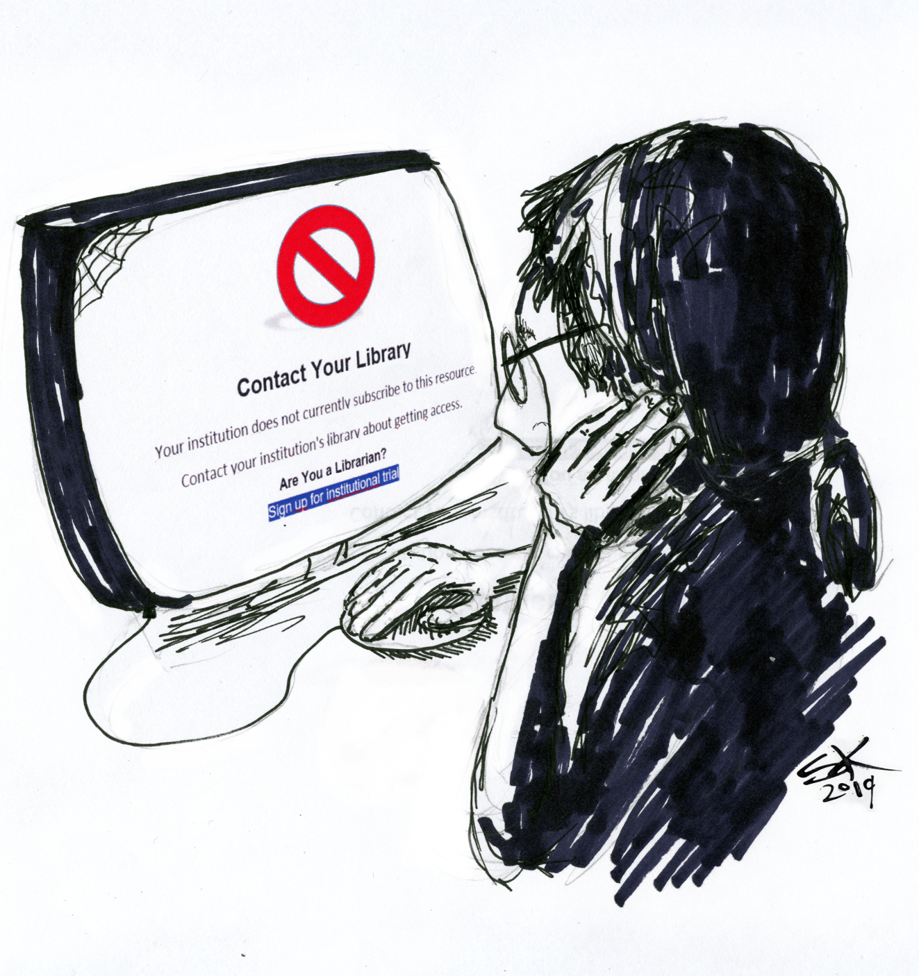 Person sitter vid dator som har stoppruta med texten "Contact your library"