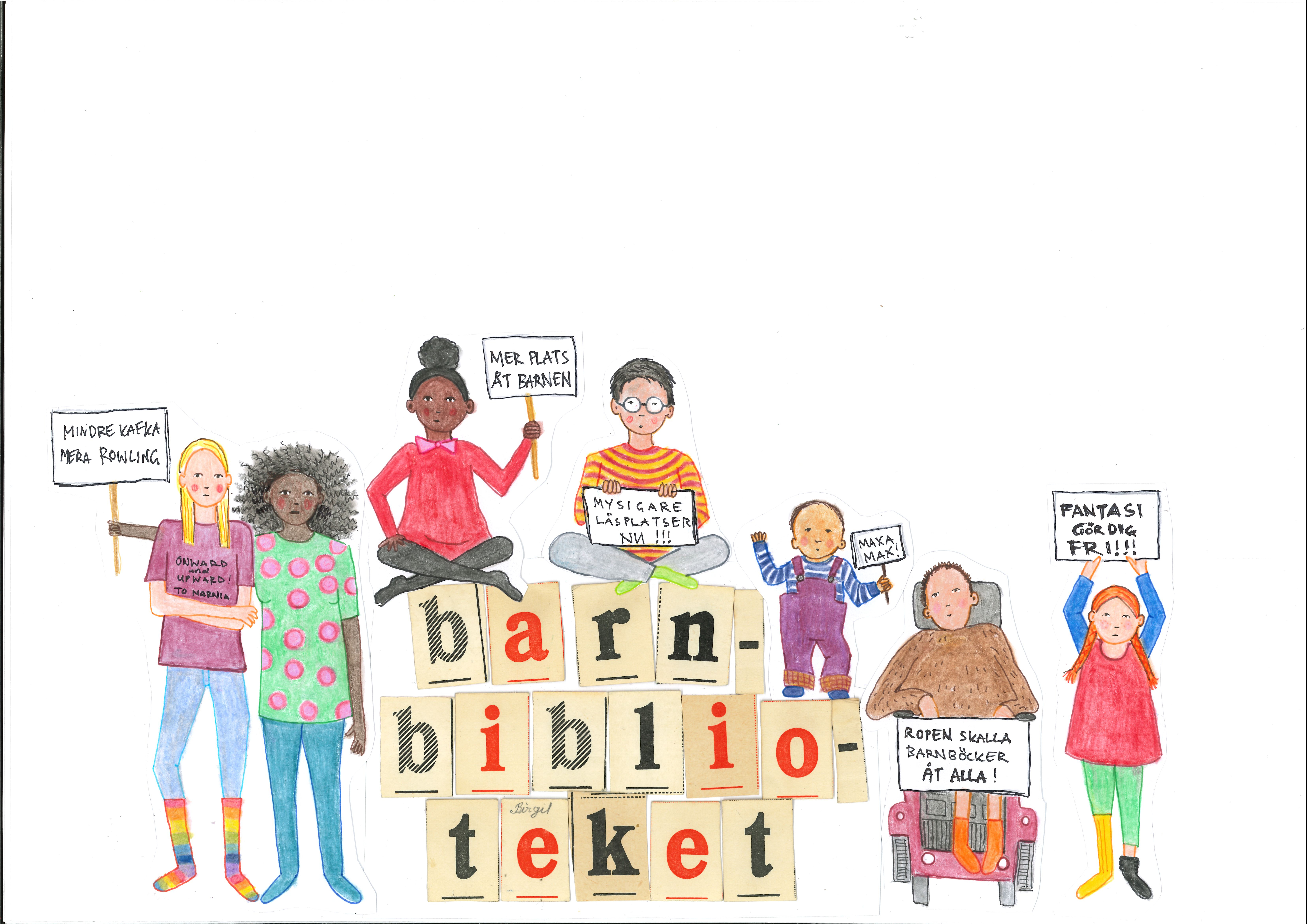 barn som står med demonstrationsskyltar runt texten "barnbibliotek".