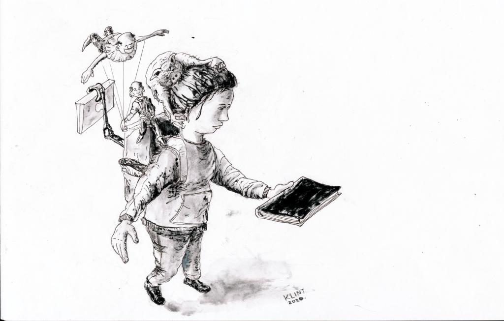 En person håller i en bok. I hens ryggsäck finns en gubbe som håller i en luftballong och en robotarm som håller i en bok.