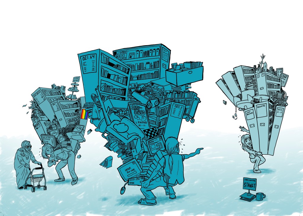 Illustration på bibliotekarier som bär på så många böcker och bokhyllor att de håller på att tappa dem. De försöker kommunicera med varandra men når inte fram.