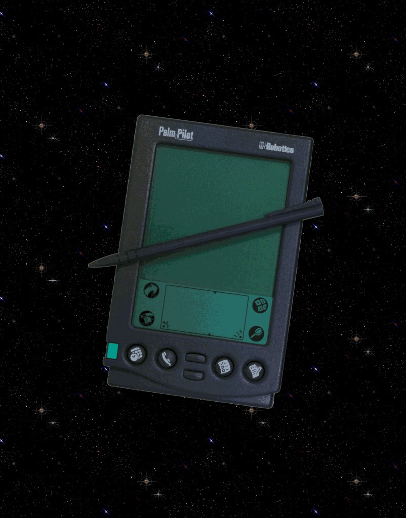 Foto på en palm pilot som svävar i universum.