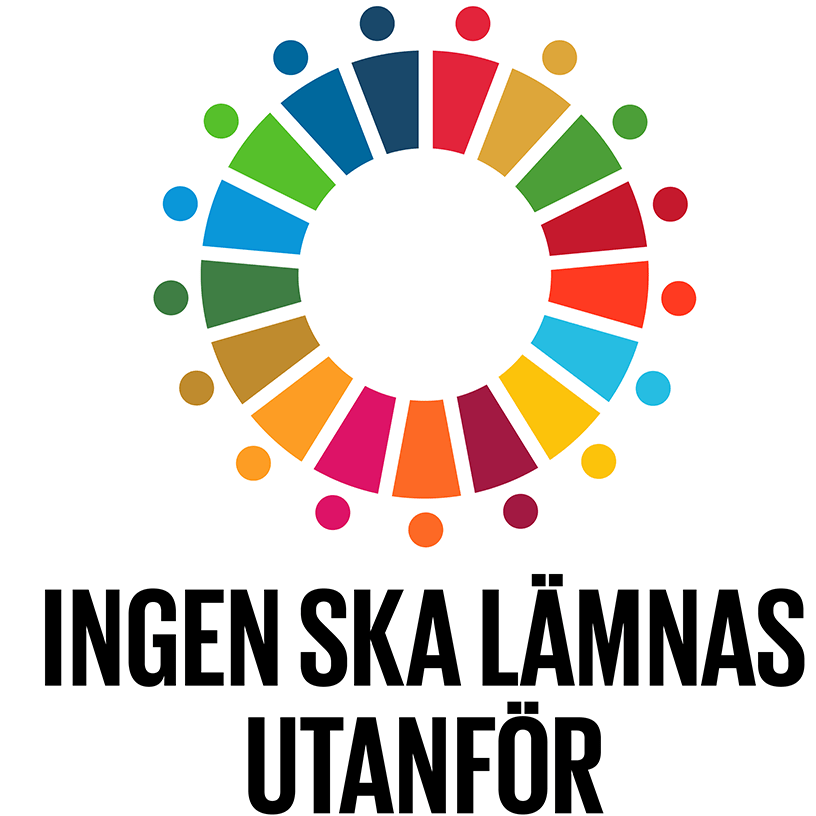 En cirkel bestående av olika former och färger och texten "Ingen ska lämnas utanför".