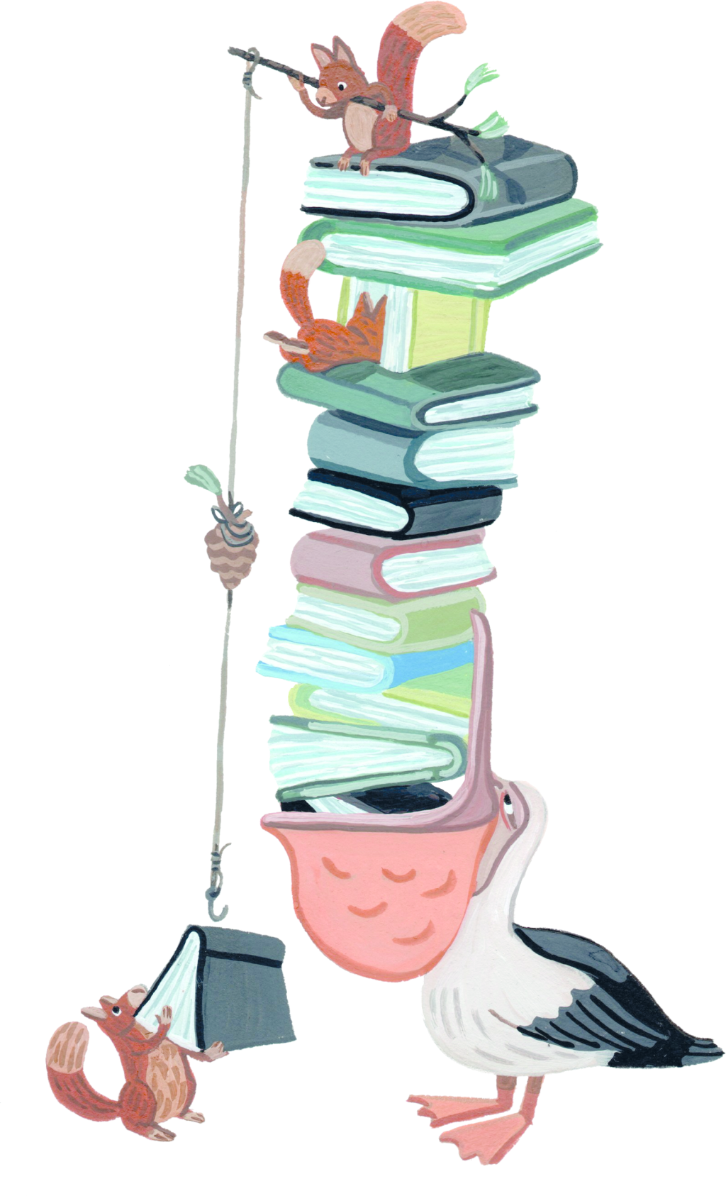 En pelikan sväljer ner en hög med böcker. På böckerna klättrar några ekorrar.