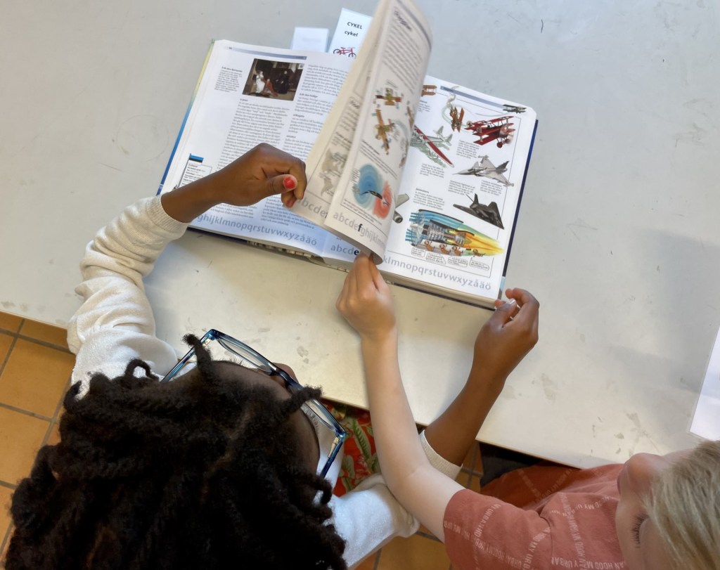 Fotografi på två barn som bläddrar i en faktabok.