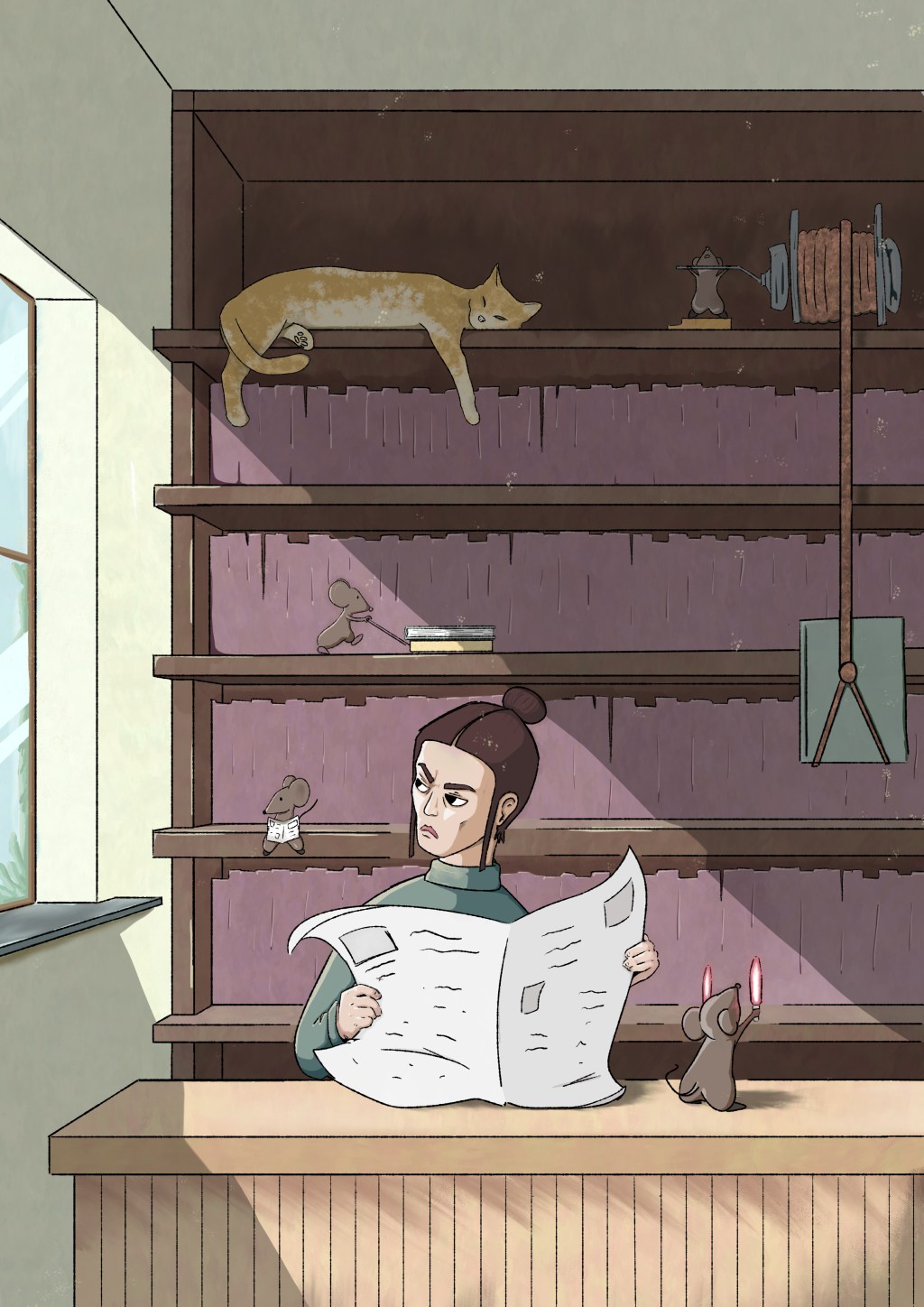 Illustration av en bibliotekarie som sitter vid sin arbetsplats. I händerna har hen en tidning, samtidigt som hen sneglar ut genom fönstret.